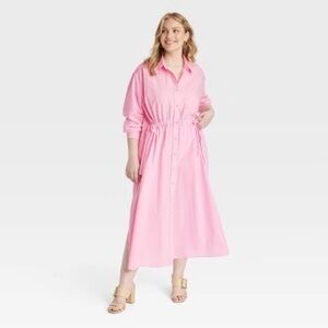 Universal Thread Pink Long Sleeve Cinch Waist Maxi Shirtdress size XL